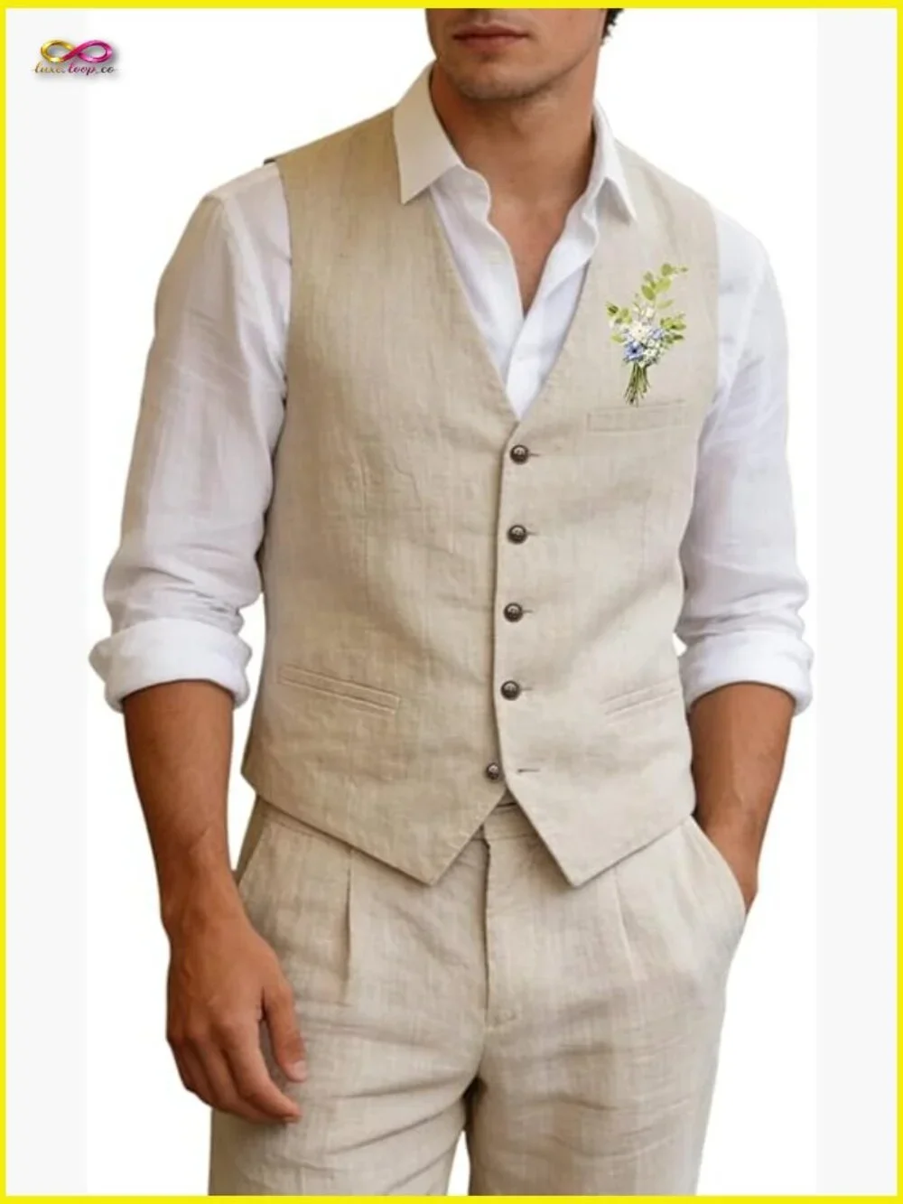 Linen Vest Pants Set Slim Fit Casual Summer Suit Wedding Prom Groomsman